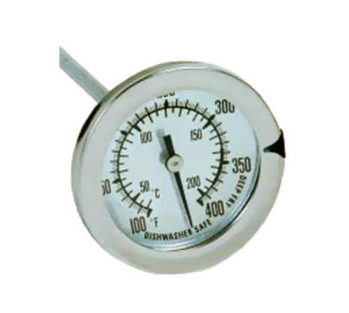 Candy/Deep Fry Thermometer, 2-1/4'' dial, 4-1/2'' stem, temperature range 100 to 400F (40 to 200C), adjustable temperature indicator, dishwasher safe, carded, NSF (must purchase in multiples of 6 each)
