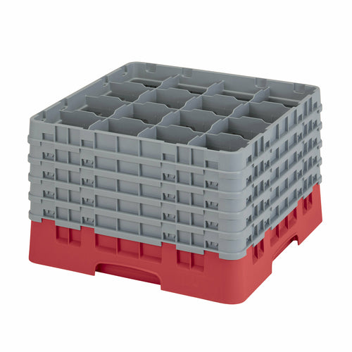 Camrack Glass Rack, with (5) soft gray extenders, full size, 19-3/4'' x 19-3/4'' x 12-1/8'', (16) compartments, 4-3/8'' max. dia., 11'' max. height, red