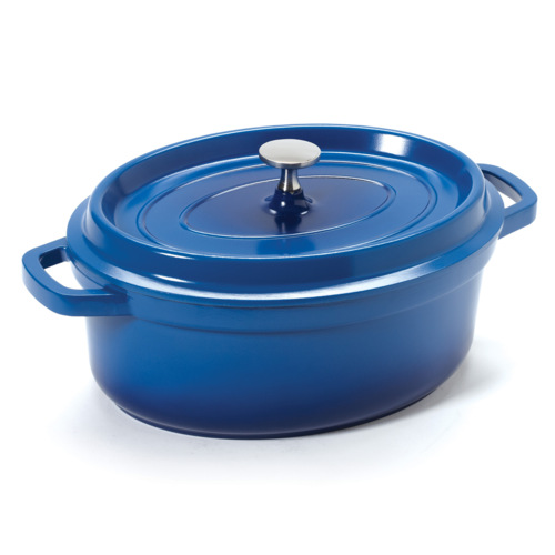 Heiss Induction Dutch Oven, 3-1/2 qt. (3-3/4'' qt. rim full), 10-1/4'' x 7-7/8'' x 3-1/2''H, oval, with lid, heat resistant to 500F,  cobalt blue with black interior, clear coat finish