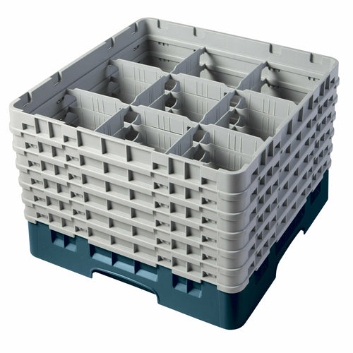 Camrack Glass Rack, with (6) soft gray extenders, full size, 19-3/4'' x 19-3/4'' x 13-3/4'', (9) compartments, 5-7/8'' max. dia., 11-3/4'' max. height, teal, HACCP compliant, NSF