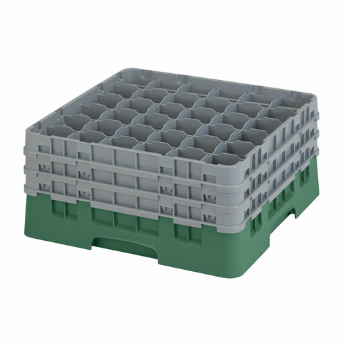 Camrack Glass Rack, with (3) soft gray extenders, full size, low profile, 19-3/4'' x 19-3/4'' x 8-7/8'', (36) compartments, 2-7/8'' max. dia., 7-3/4'' max. height, Sherwood green, HACCP compliant, NSF