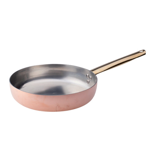 Fry Pan, 11'' dia. x 2''H, round, insulated tubular riveted brass handle, gas/electric/radiant safe, 1/16'' thick, tin lined interior, copper exterior
