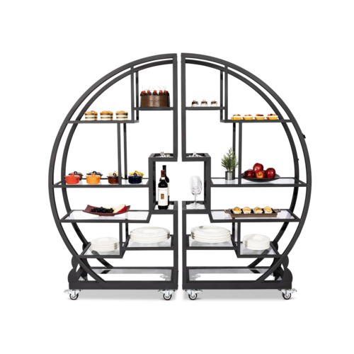 Mobile Buffet Tower, 2-piece set, 72''W x 14''D x 70-1/4''H, circular shape, (16) removable smoked glass shelves (8 each side), stainless steel frame, 2-1/2'' dia. locking casters
