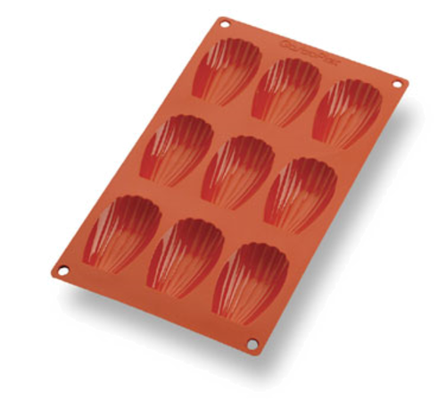 Gastroflex Madeleine Mold, 9 per sheet, 2-11/16''L x 1-1/2''W x 11/16''H madeleines, sheet size 11-3/16''L x 6-7/8''W, flexible, freezer to oven, temp resistance from -58F to 482F, dishwasher safe, food grade silicone, made in France