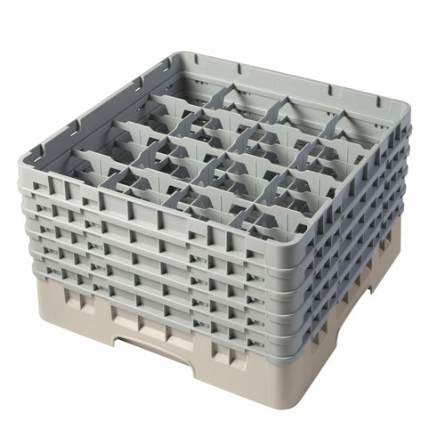 Camrack Glass Rack, with (5) soft gray extenders, full size, 19-3/4'' x 19-3/4'' x 12-1/8'', (16) compartments, 4-3/8'' max. dia., 10-1/8'' max. height, beige,