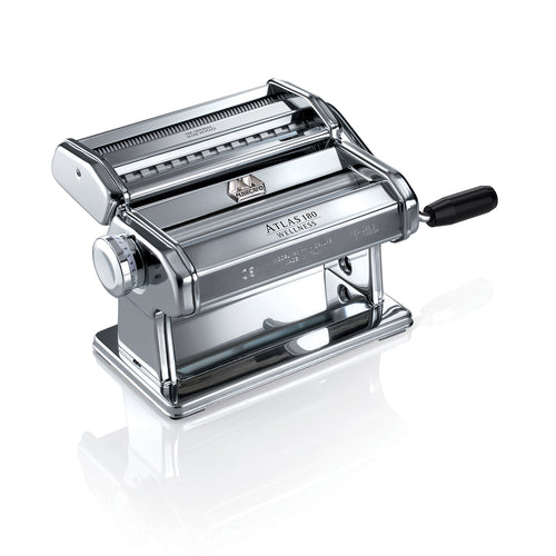 Marcato Atlas 180 Pasta Machine, manual, 10 position dial, adjustable, (1) pasta cutter, (1) hand crank, (1) clamp, ABS plastic handle, chrome