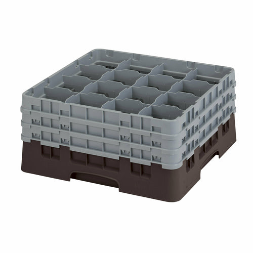 Camrack Glass Rack, with (3) soft gray extenders, full size, 19-3/4'' x 19-3/4'' x 8-7/8'', (16) compartments, 4-3/8'' max. dia., 7-3/4'' max. height, brown, HACCP compliant, NSF
