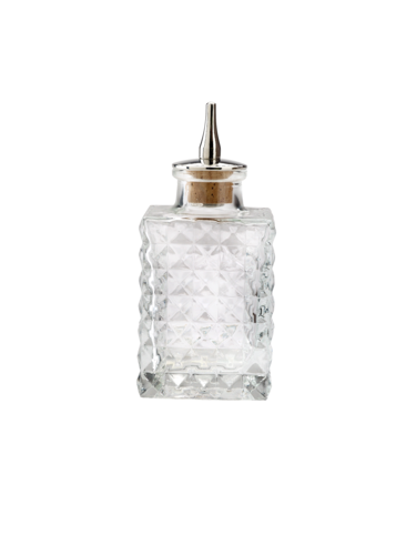 Barfly Bitters Bottle, 3 oz. (90 ml.), cut glass styling, 2.1'' x 2.1'' x 4.6''H, glass, stainless steel dasher top with cork