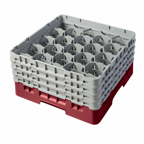 Camrack Glass Rack, with (4) soft gray extenders, full size, 19-3/4'' x 19-3/4'' x 10-1/2'', (20) compartments, 3-7/8'' max. dia., 8-1/2'' max. height, cranberry, HACCP compliant, NSF