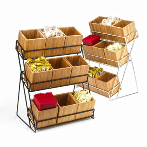 Tiered Display, 13''W x 9-1/2''D x 17-1/2''H, 3-tier, (9) bamboo bins, silver wire frame, BPA Free