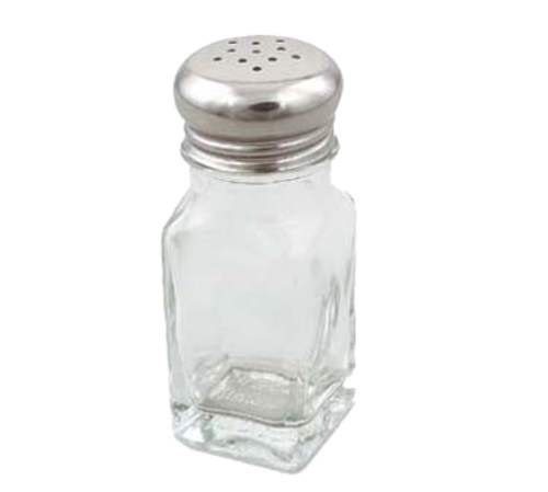 Salt & Pepper Shaker, 2 oz., 1-1/2'' x 4''H, universal holes, square, clear glass jar with stainless steel top