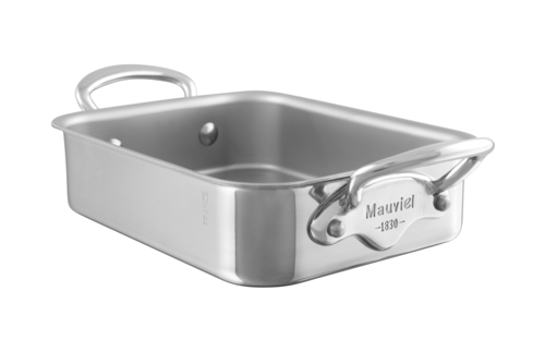 M'Minis Roaster Pan, 5-1/2''W x 3-9/10''D x 1-4/5''H, rectangular, straight edge, riveted cast stainless steel handle, 1.5mm, stainless steel, polished finish