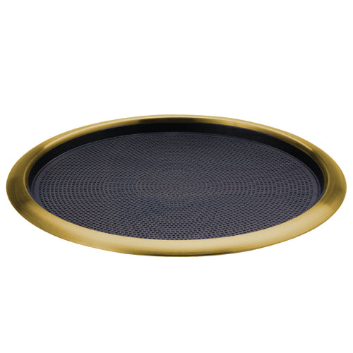 Tray, 16'' dia. (14'' inside), round, stackable, removable non-slip black rubber insert, vintage gold