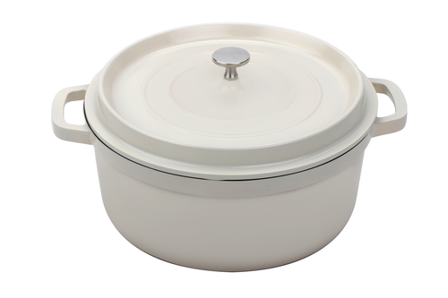 Heiss Induction Dutch Oven, 6-1/2 qt. (7 qt. rim full), 11'' dia. x 4-1/2''H, round, with lid, heat resistant to 500F,  antique white with black interior, clear coat finish