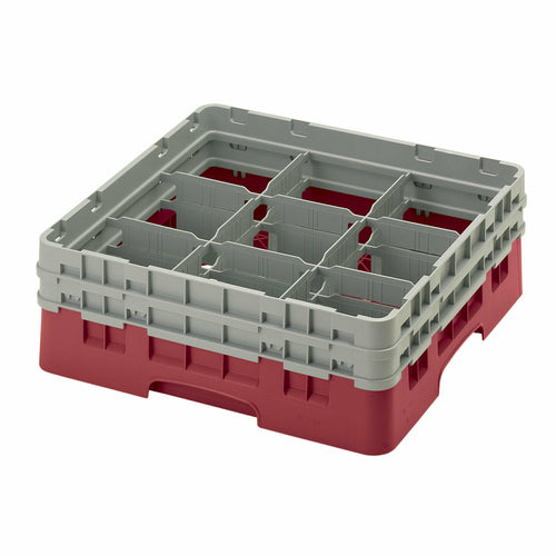 Camrack Glass Rack, with (2) soft gray extenders, full size, 19-3/4'' x 19-3/4'' x 7-1/4'', (9) compartments, 5-7/8'' max. dia., 5-1/4'' max. height, cranberry, HACCP compliant, NSF