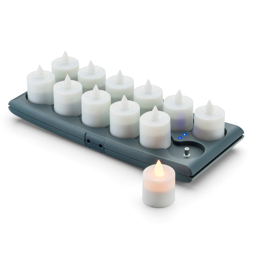 Flameless Lighting V12 Candle Set, 13-1/2''L x 6-5/8''W x 5''H O.A, includes: (12) 1-1/2'' dia. x 2-1/8''H LED amber candles (HFRV-A), (1) charging tray & USB power adaptor