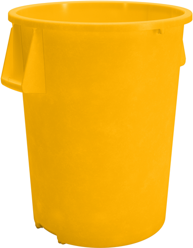 Bronco Waste Bin Trash Container, 55 gallon, 33''H x 26-1/2'' dia., round, stackable, double-reinforced stress ribs, ergonomic handles, integrated bag cinches, drag skids, deep hand holds on base, polyethylene, yellow, NSF, Made in USA