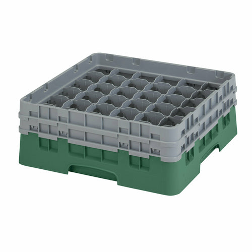 Camrack Glass Rack, with (2) soft gray extenders, full size, low profile, 19-3/4'' x 19-3/4'' x 7-1/4'', (36) compartments, 2-7/8'' max. dia., 5-1/4'' max. height, Sherwood green, HACCP compliant, NSF