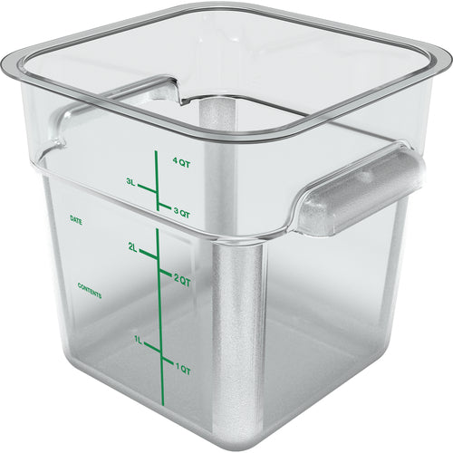 Squares Food Storage Container, 4 qt., 7-1/8'' x 7-3/10''H, square,clear with green print, NSF, Made in USA
