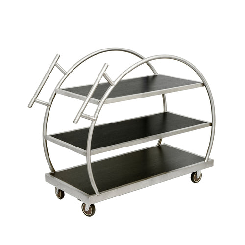 Grab n' Go Service Cart, multi purpose, rollout, 39''H x 44''L x 21''D, heavy duty, 3 tier, round shape, wood shelves with stainless steel frame, reversible shelves to black or walnut finish