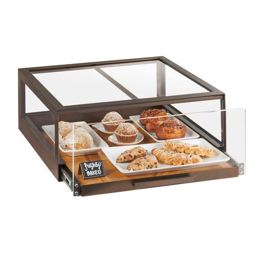 Sierra Pastry Drawer, 24''W x 24''D x 10-1/8''H, rectangular, pull out drawer, acrylic windows, rustic pine, metal frame, bronze