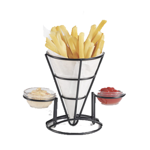 Metal Cone French Fry Holder with Two Sauce Cup Holders