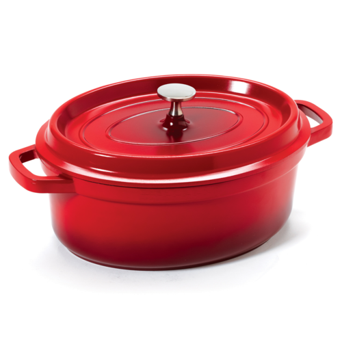 Heiss Induction Dutch Oven, 3-1/2 qt. (3-3/4'' qt. rim full), 10-1/4'' x 7-7/8'' x 3-1/2''H, oval, with lid, heat resistant to 500F,  red with black interior, clear coat finish