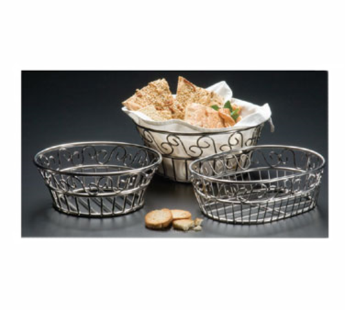 Bread Basket, 6-3/4'' x 9''W x 3''H, oval, scroll design, stainless steel