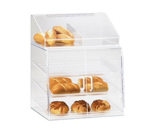 Classic Display Case, 19''W x 17''D x 18''H, 3-tier, self-serve, non-refrigerated, countertop, slant front, dual hinged front doors with handles.