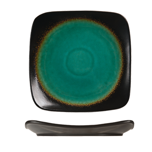 Plate, 6-1/4'', square, glazed ceramic, turquoise with dark brown rim, Hakone