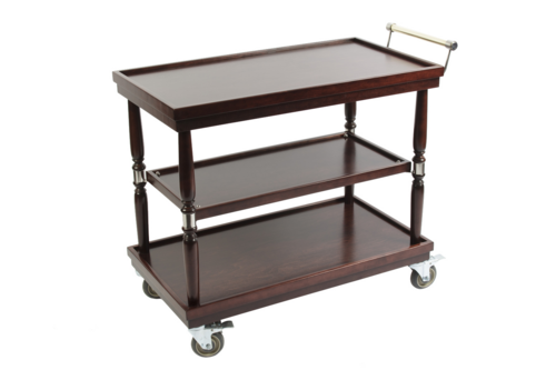 Guerridon Classic Trolley, 37-1/2'' x 19-1/2'' x 31-1/2'' H, mahogany finish, hardwood body, three wooden shelves, stainless steel swivel casters, stainless steel & brass handle