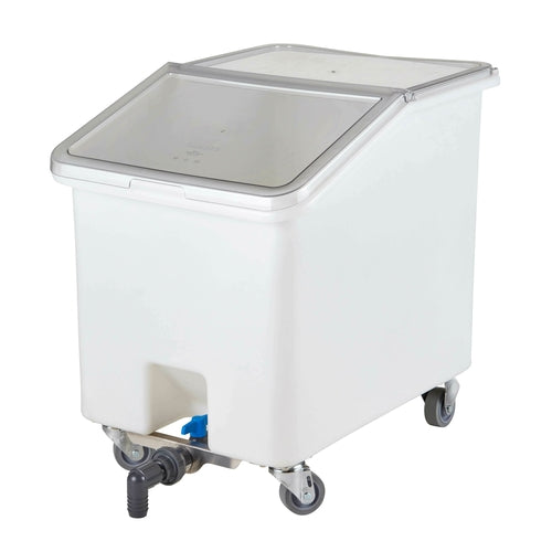 Soak Tank, 37 gallon capacity, 21-1/2'' x 29-1/2'' x 28'', mobile, seamless one piece single wall polyethylene, two piece sliding polycarbonate lid, drain valve, (4) 3'' heavy duty casters (2 front swivel, 2 rigid in back), white with clear lid, NSF