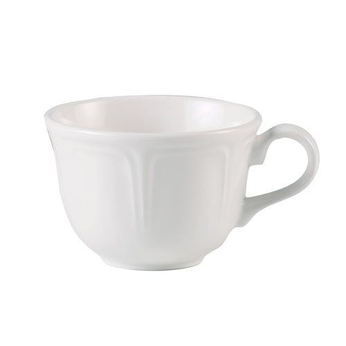 Tulip Cup, 8 oz., round, with handle, embossed rim, scallop edge, vitrified china, white, Steelite Distinction, Monique