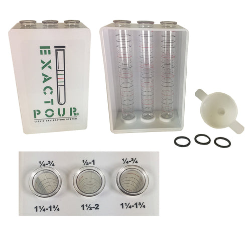 Exacto Pour Bar Test Kit, liquid calibration system includes: (3) plastic tubes, (3) o-rings, and (1) stand