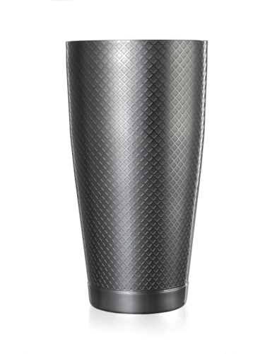 Barfly Diamond Lattice Shaker, 28 oz., 3-5/8'' dia. x 7''H, capped bottom, 18/8 stainless steel core, satin finish interior, gun metal black exterior finish, intricate etched pattern design