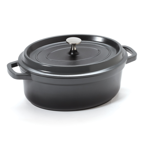 Heiss Induction Dutch Oven, 3-1/2 qt. (3-3/4'' qt. rim full), 10-1/4'' x 7-7/8'' x 3-1/2''H, oval, with lid, heat resistant to 500F, gray with black interior, clear coat finish