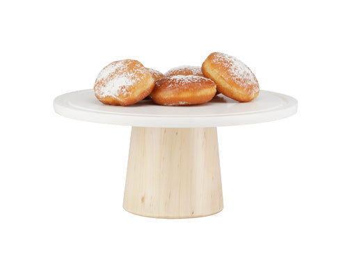 Blonde Cake Stand, 12'' dia. x 5''H, soft white corian plate, maple wood base