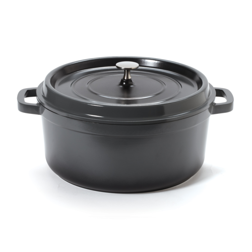 Heiss Induction Dutch Oven, 6-1/2 qt. (7 qt. rim full), 11'' dia. x 4-1/2''H, round, with lid, heat resistant to 500F, gray with black interior, clear coat finish