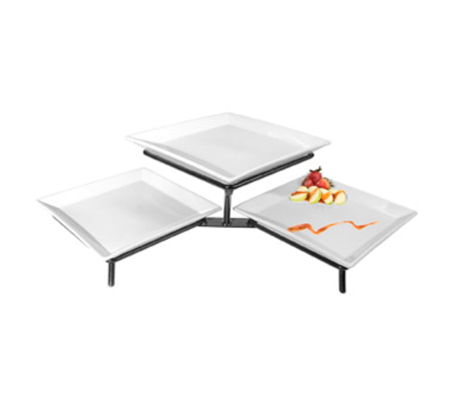 Plate Display, 34''L x 16''W x 9''H, 2-tier, (3) square porcelain plate, black metal stand